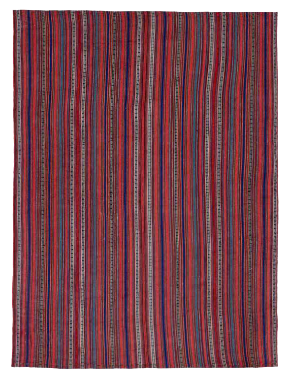 Persian red with blue and multicolor accents tribal small antique rug with narrow vertical stripe field motifs SKU 91372