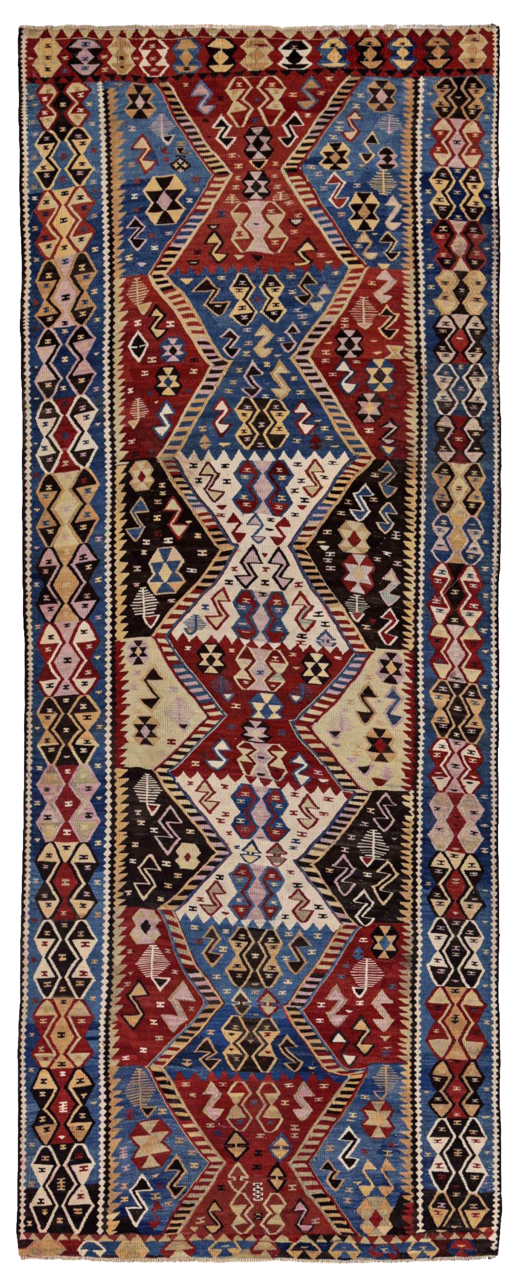 Persian red, blue, ivory, and black tribal corridor runner antique rug with geometric medallions, hooked motifs, and diamond borders SKU 91423