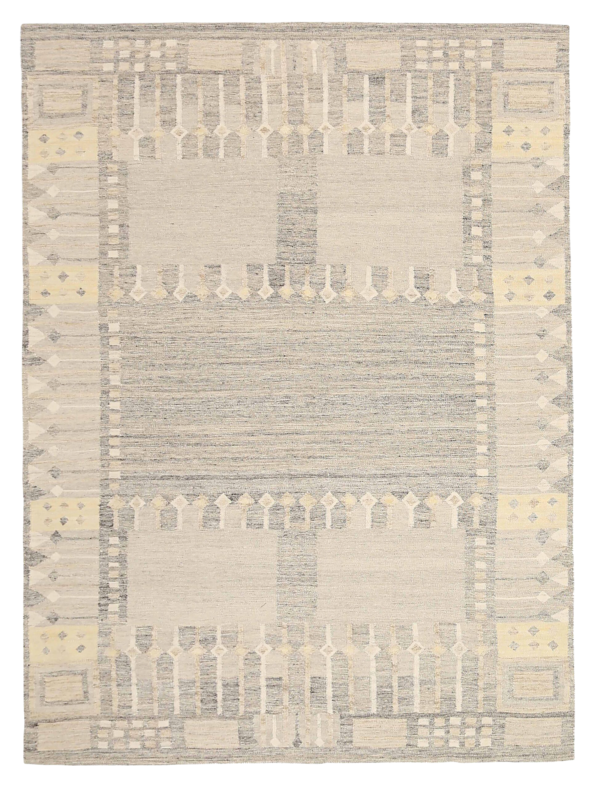 Scandinavia beige and light gray with soft yellow accents modern area new rug with geometric border motifs SKU 92591