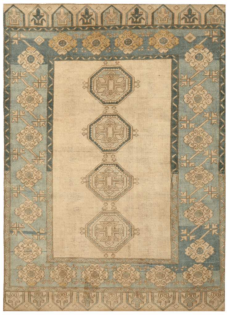 Turkey Beige and Light Blue Tribal Area Antique Rug with Stacked Octagonal Medallions, Geometric Border, and Rosette Motifs SKU 92971