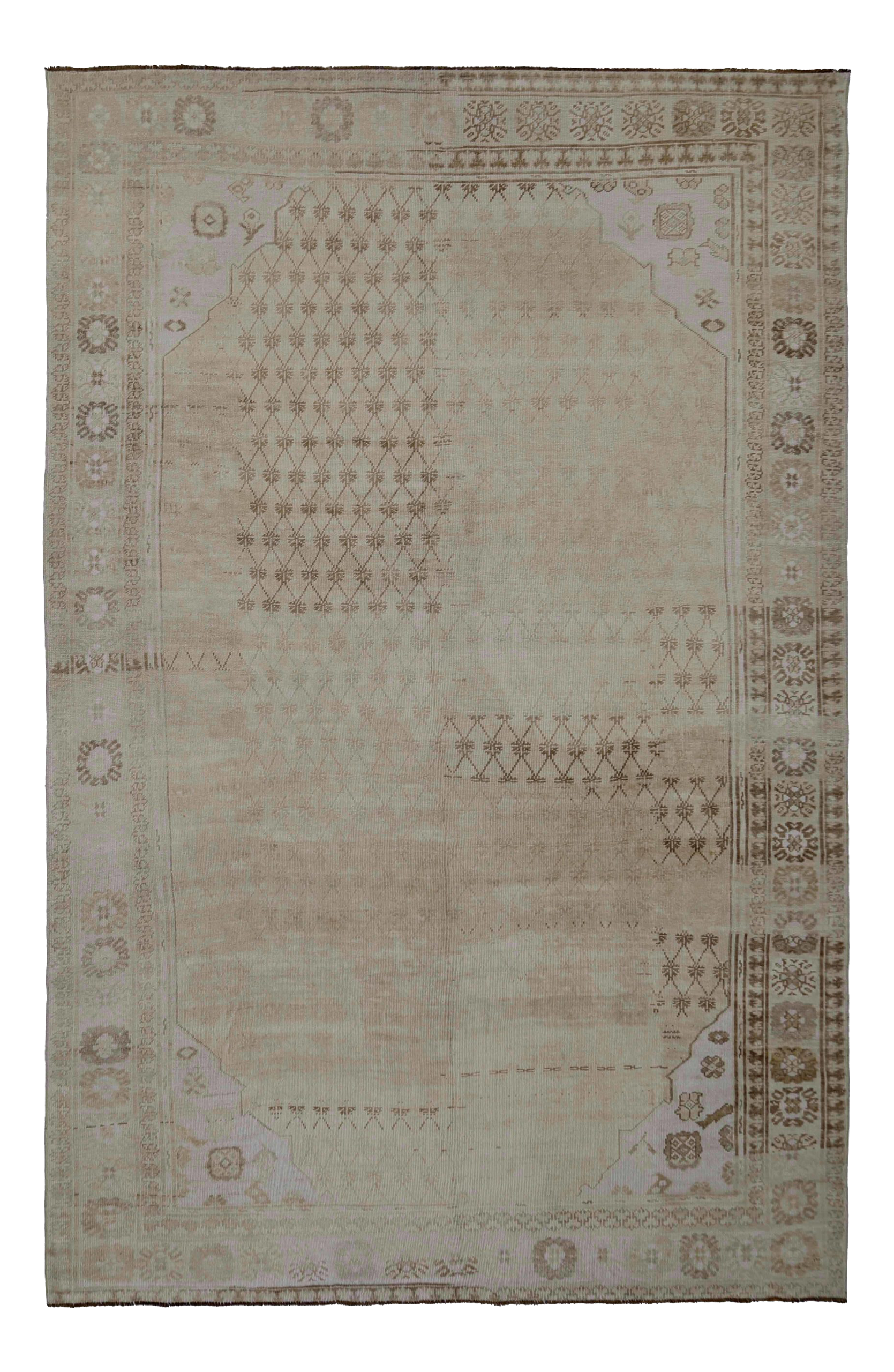 Turkey beige and taupe traditional area antique rug with corner spandrels, floral border and delicate lattice motifs SKU 93014