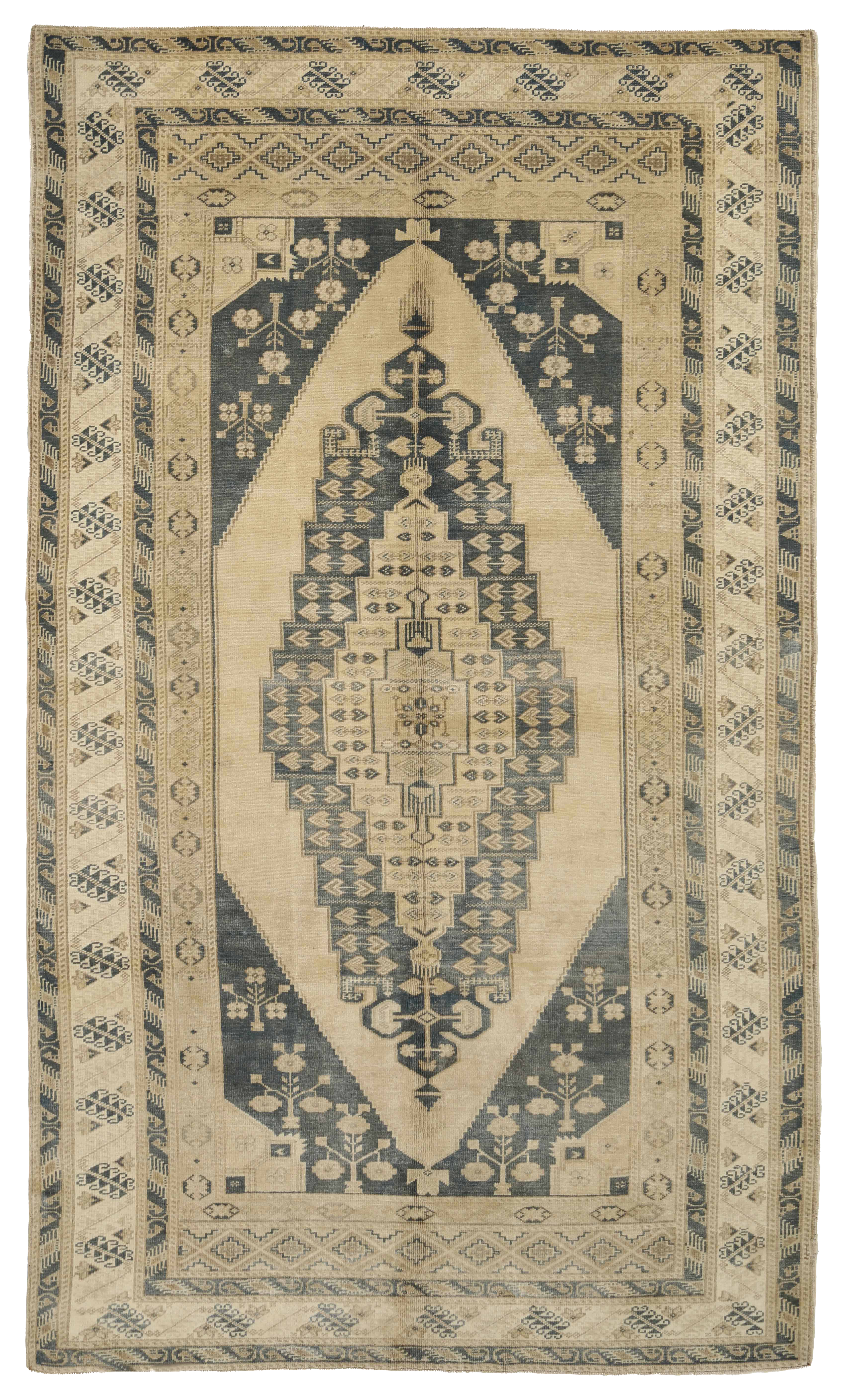 Turkey Beige and Blue Traditional Area Antique Rug with Geometric Medallion and Floral Motifs SKU 93069