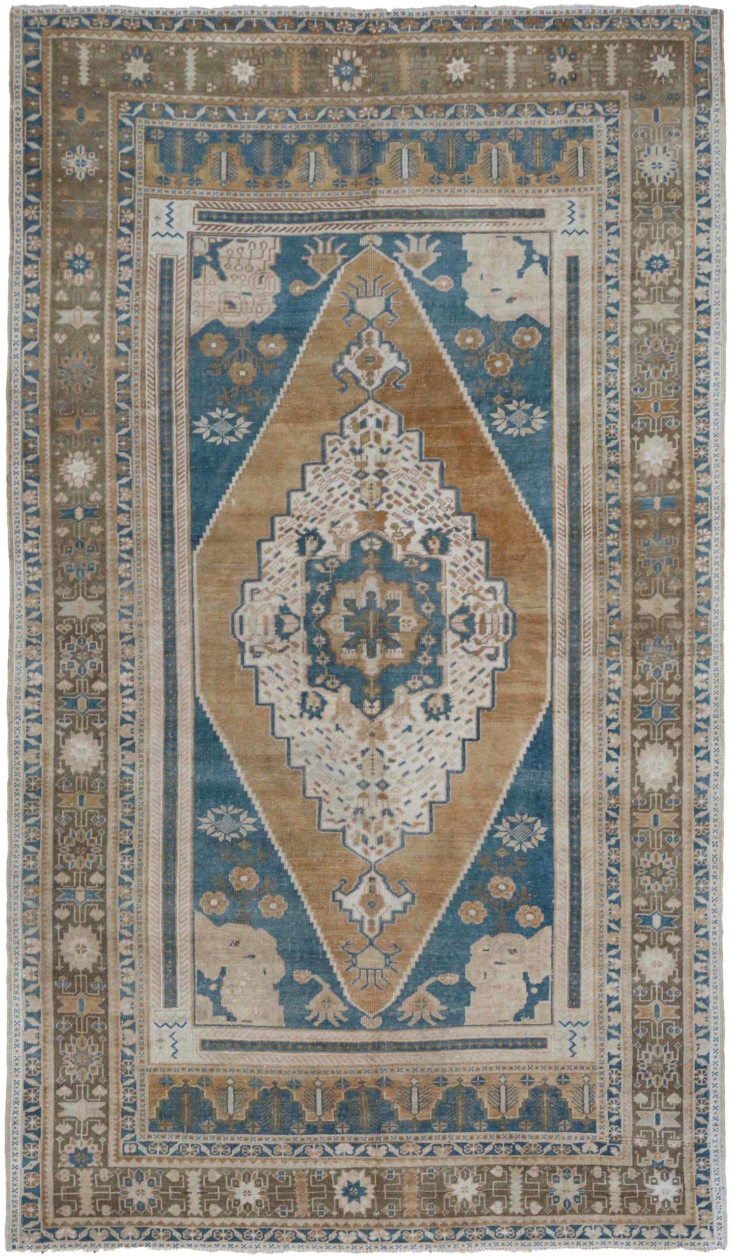 Turkey camel and blue with ivory accents, traditional area antique rug with central medallion, floral motifs, and geometric border details SKU 93109