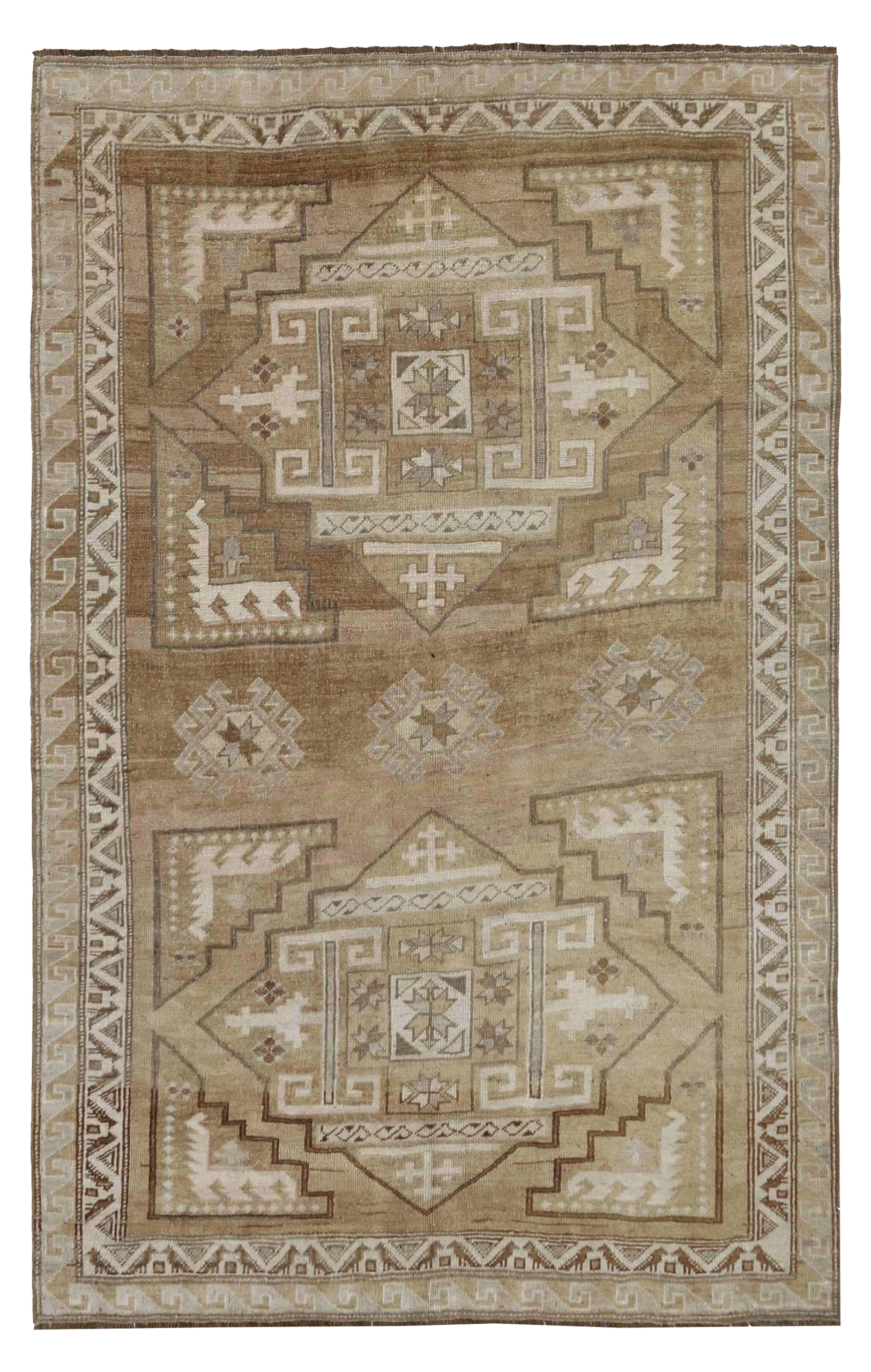 Turkey beige and brown with ivory accents tribal area antique rug with geometric medallions and stepped motifs SKU 93113