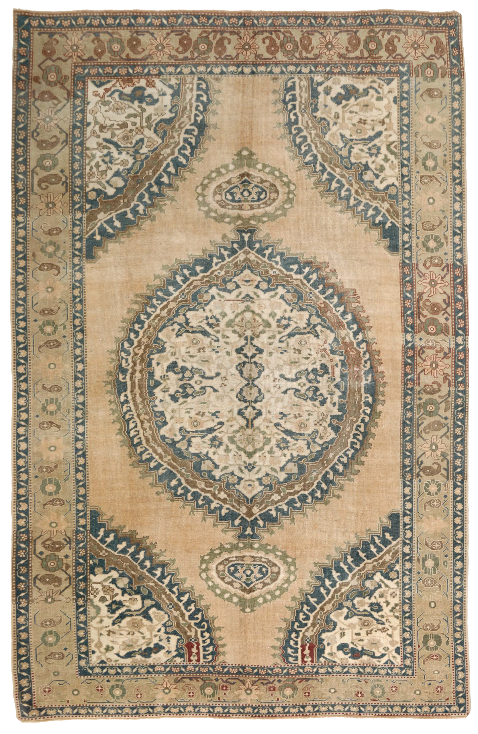 Turkey Beige with Blue and Brown Traditional Area Antique Rug with Central Medallion, Floral Arabesques, and Scrolling Vine Border SKU 93139
