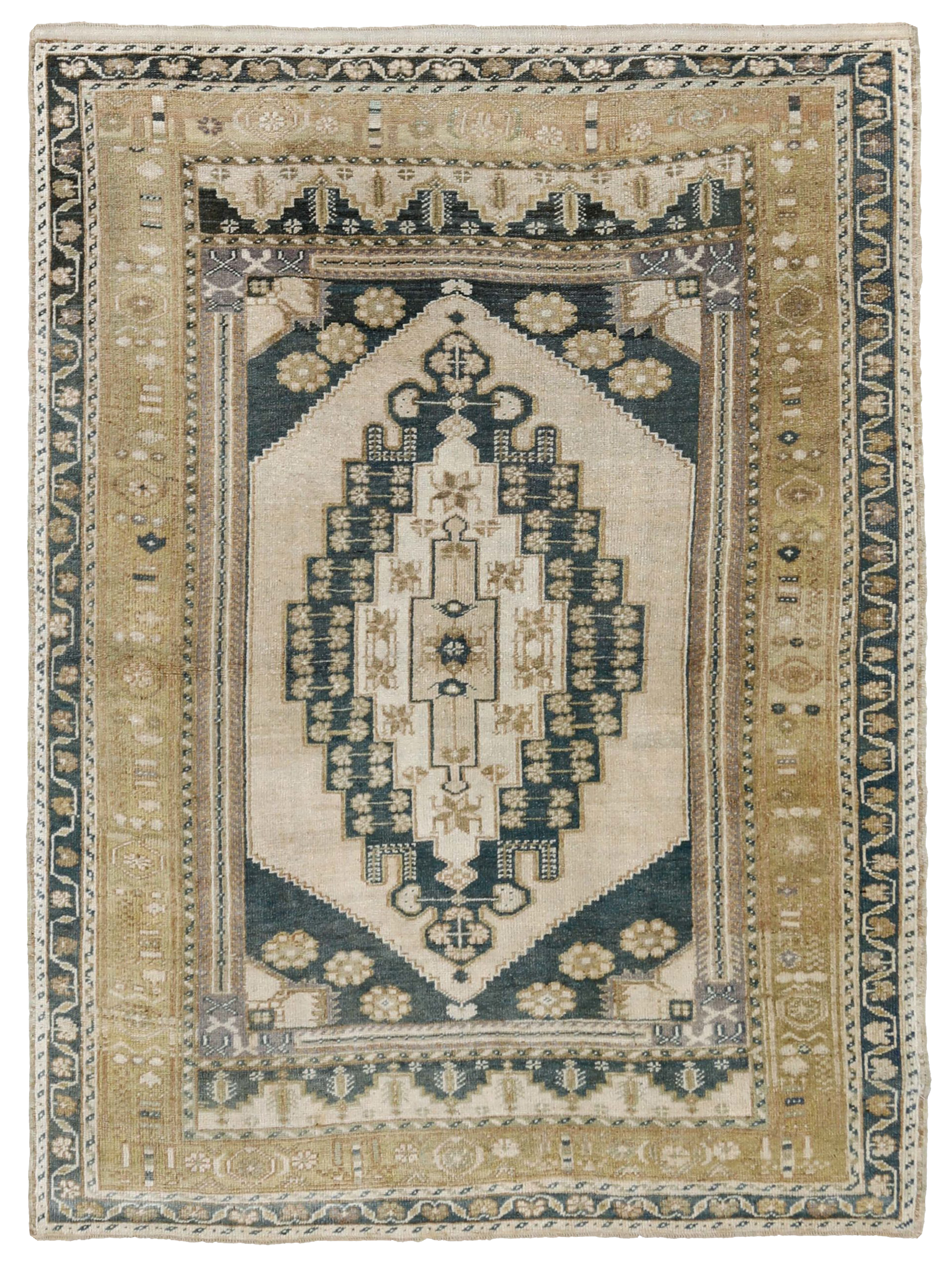 Turkey beige with teal and olive traditional area antique rug with geometric central medallion and floral border motifs SKU 93155