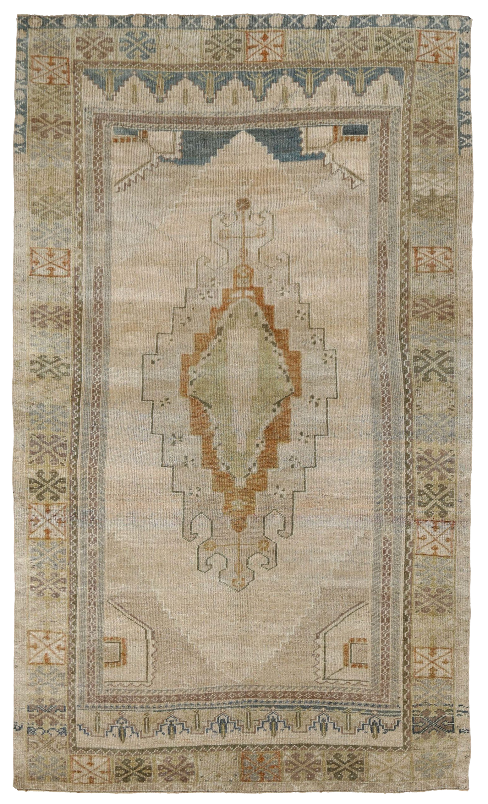 Turkey Beige with Soft Green and Rust Traditional Small Area Antique Rug with Central Geometric Medallion and Tribal Border Motifs SKU 93157