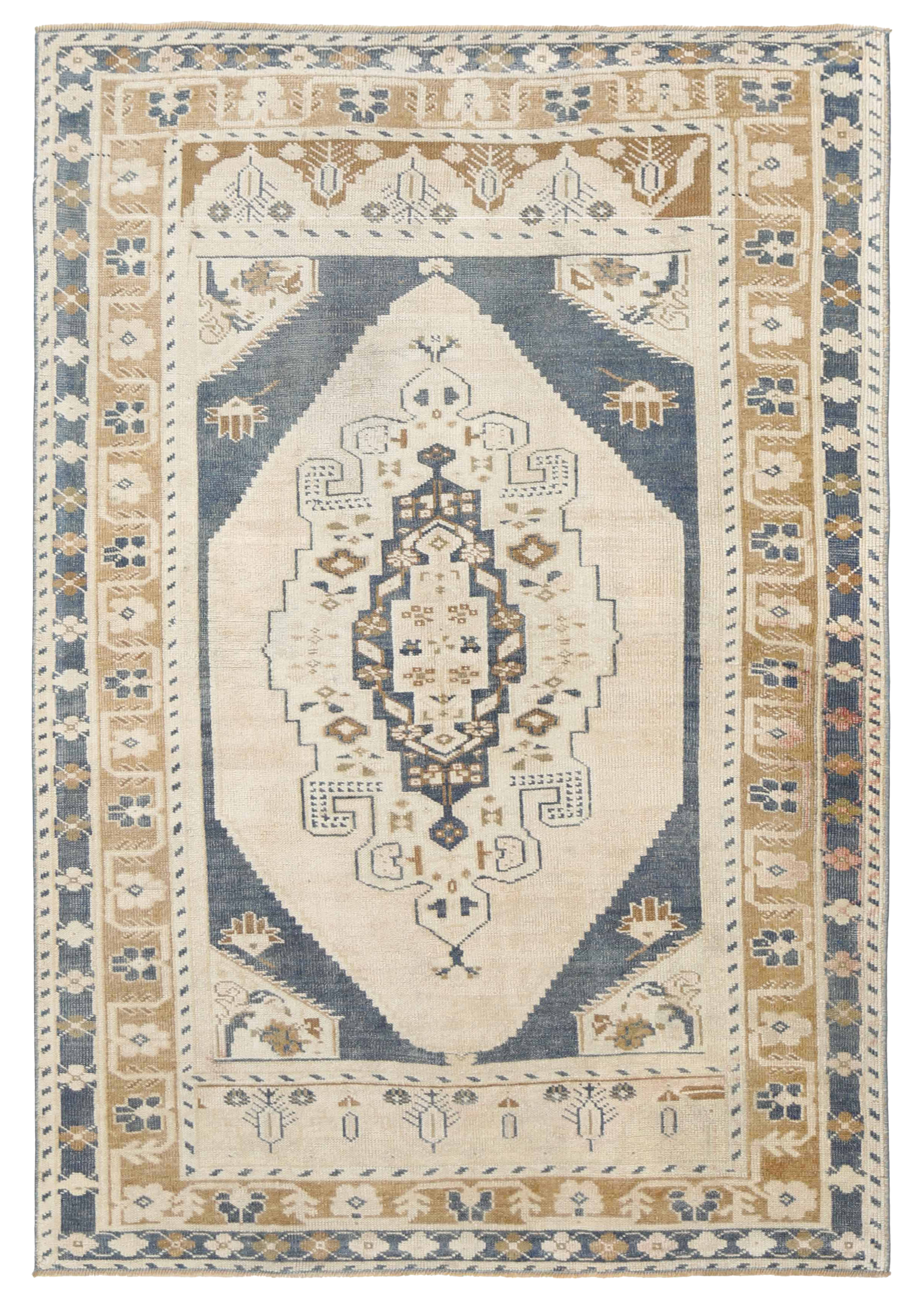 Turkey cream with blue and beige traditional small area antique rug with geometric medallion and stylized floral border motifs SKU 93164