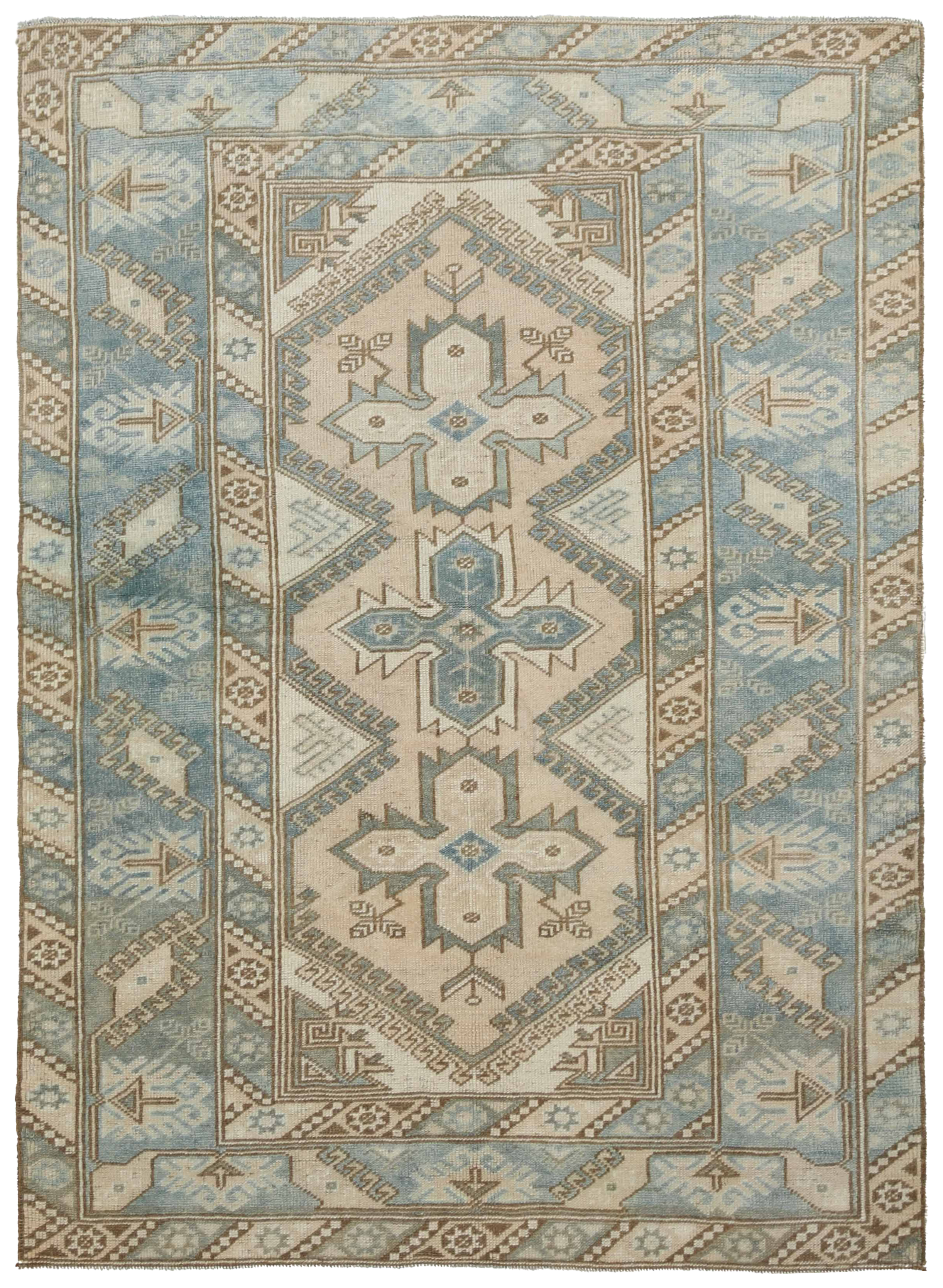 Turkey beige and light blue with taupe tribal small area antique rug with central geometric medallion and stepped motifs SKU 93166