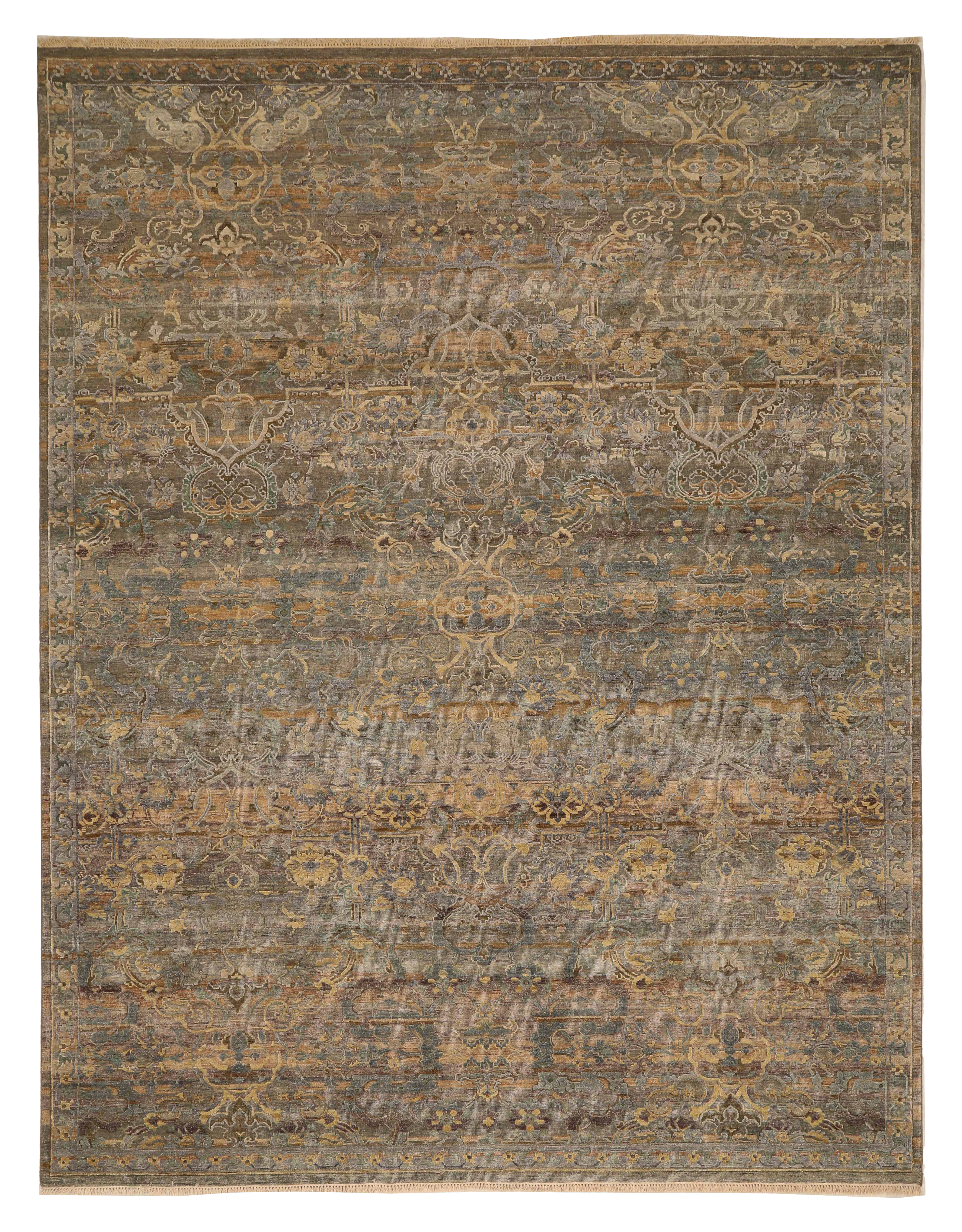 India Oushak taupe and muted gold with soft blue accents traditional area contemporary rug with floral allover and scrolling vine motifs SKU 93570