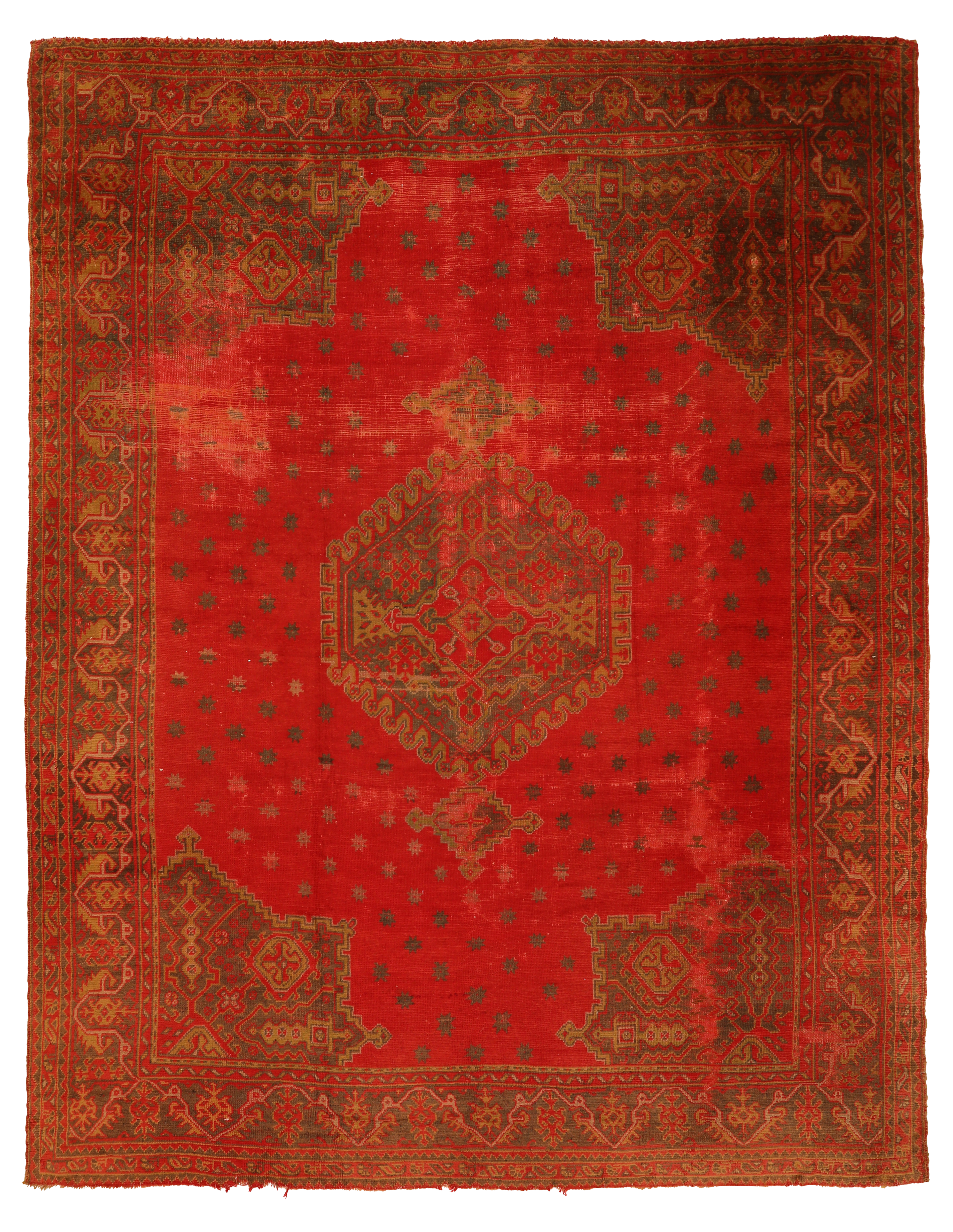 Turkey red with green and gold accents traditional oversize palace new rug with central geometric medallion, corner spandrels, and scattered boteh motifs SKU 93671