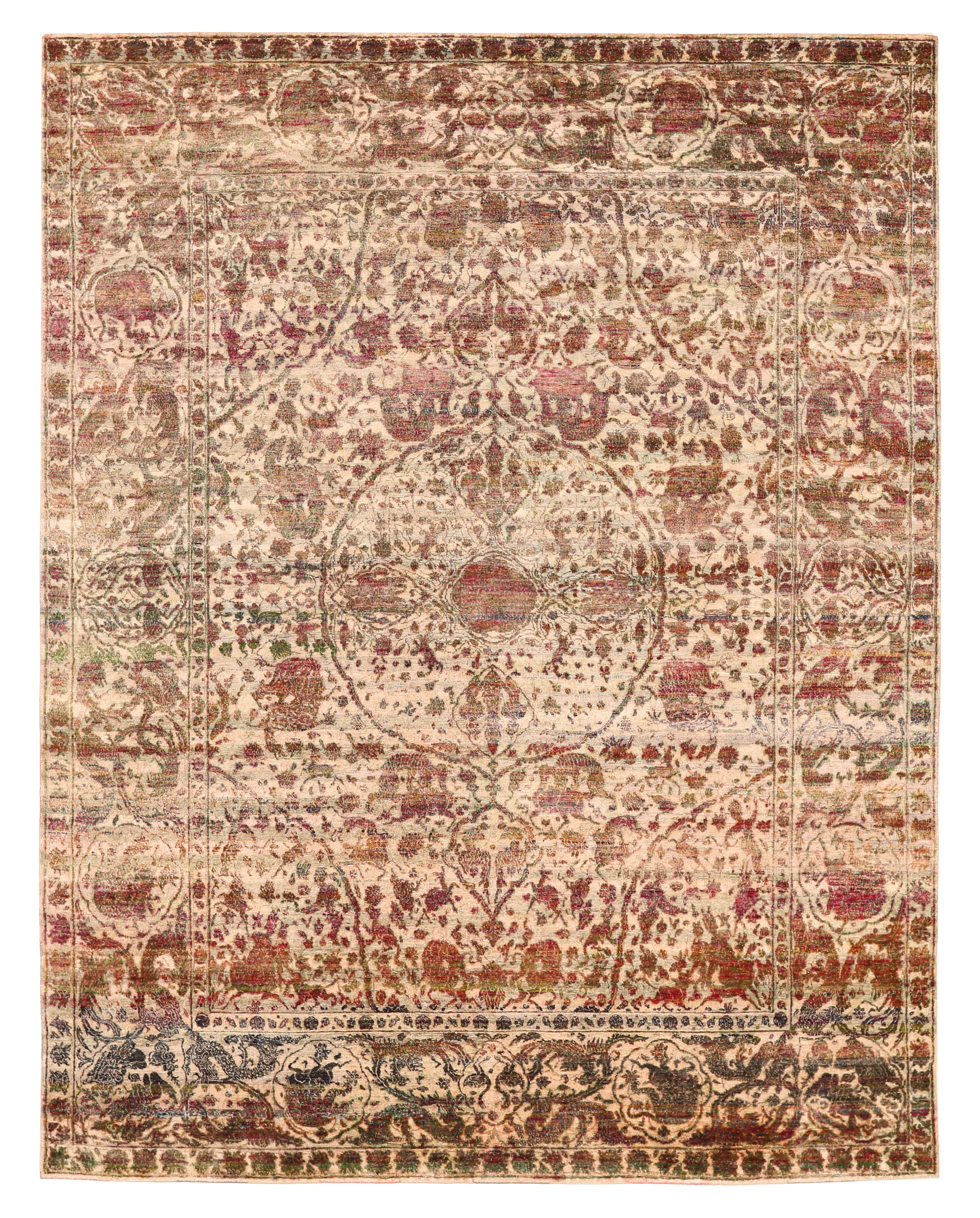 India beige with rust and green traditional area new rug with central medallion, scrolling vines, floral allover and animal motifs SKU 93811