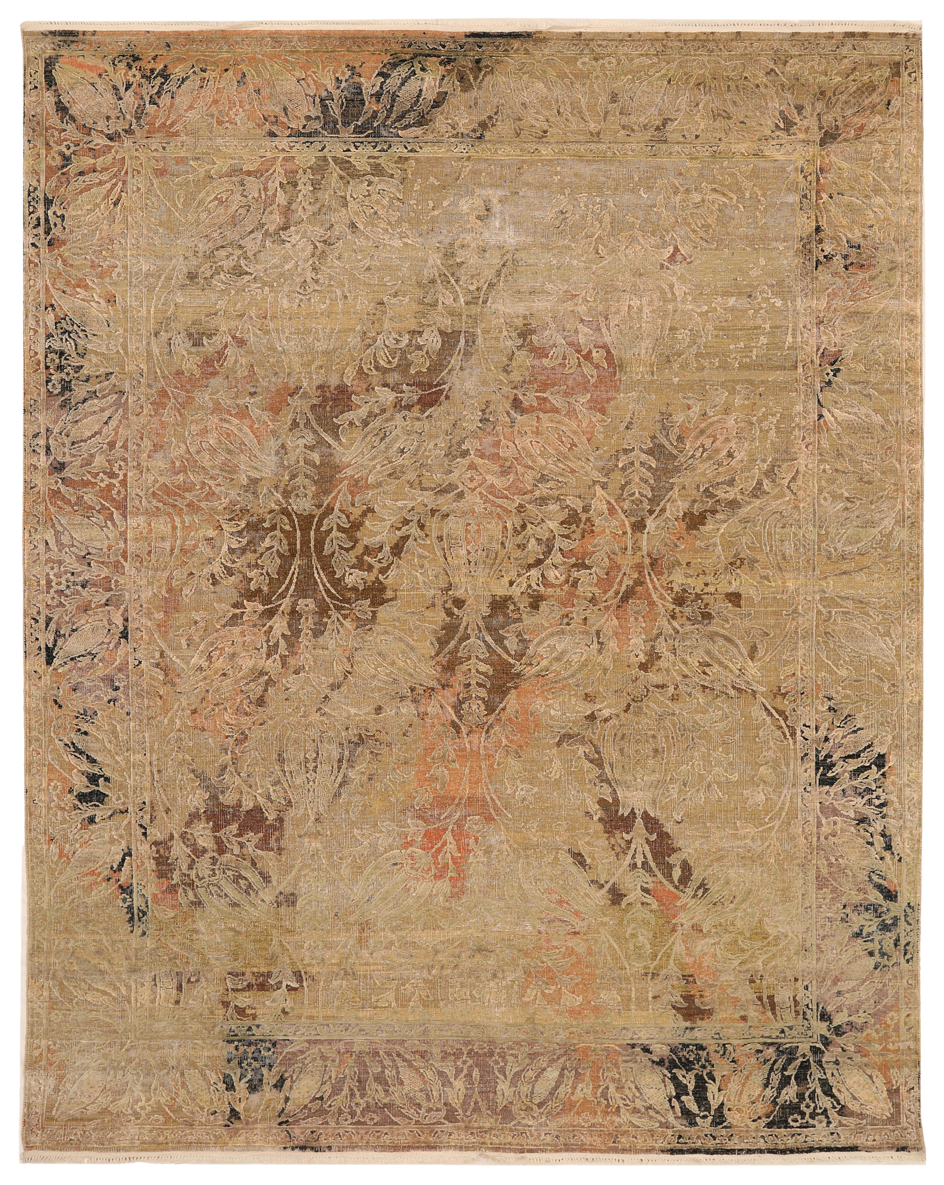 India gold with muted rust, brown, and black traditional area new rug with large-scale scrolling foliage and floral allover design SKU 93843