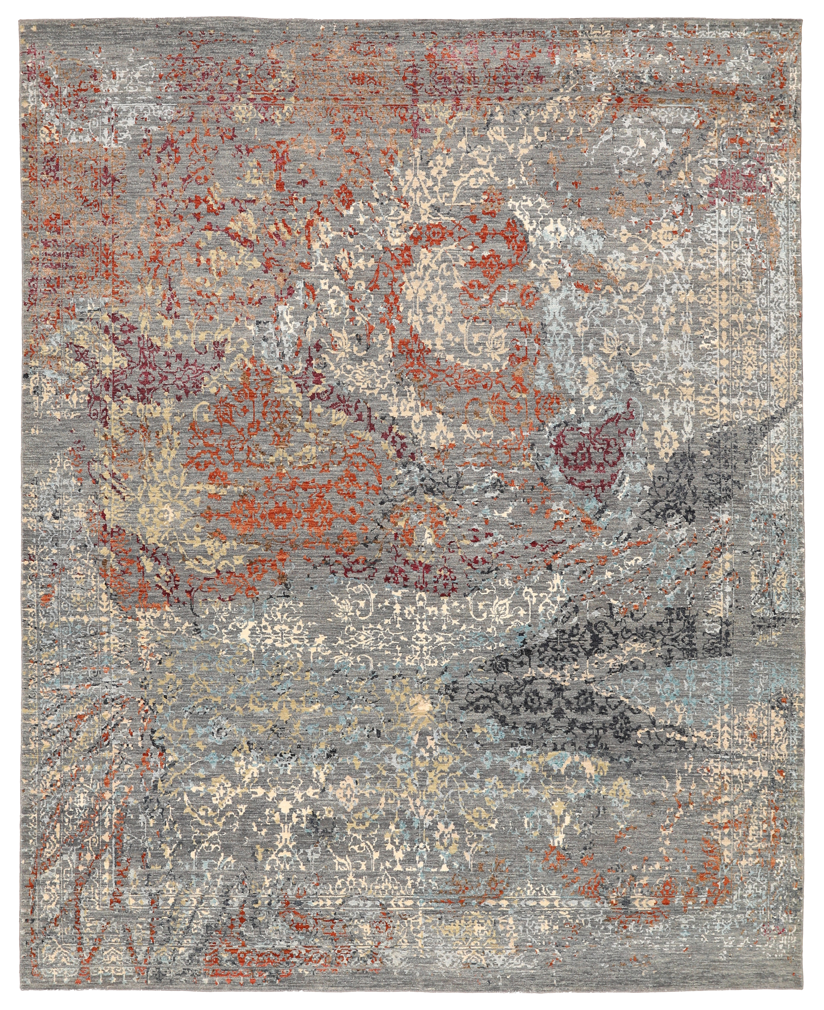 India gray with rust, ivory, gold and blue accents modern area new rug with abstract distressed floral and scrolling vine motifs SKU 93850