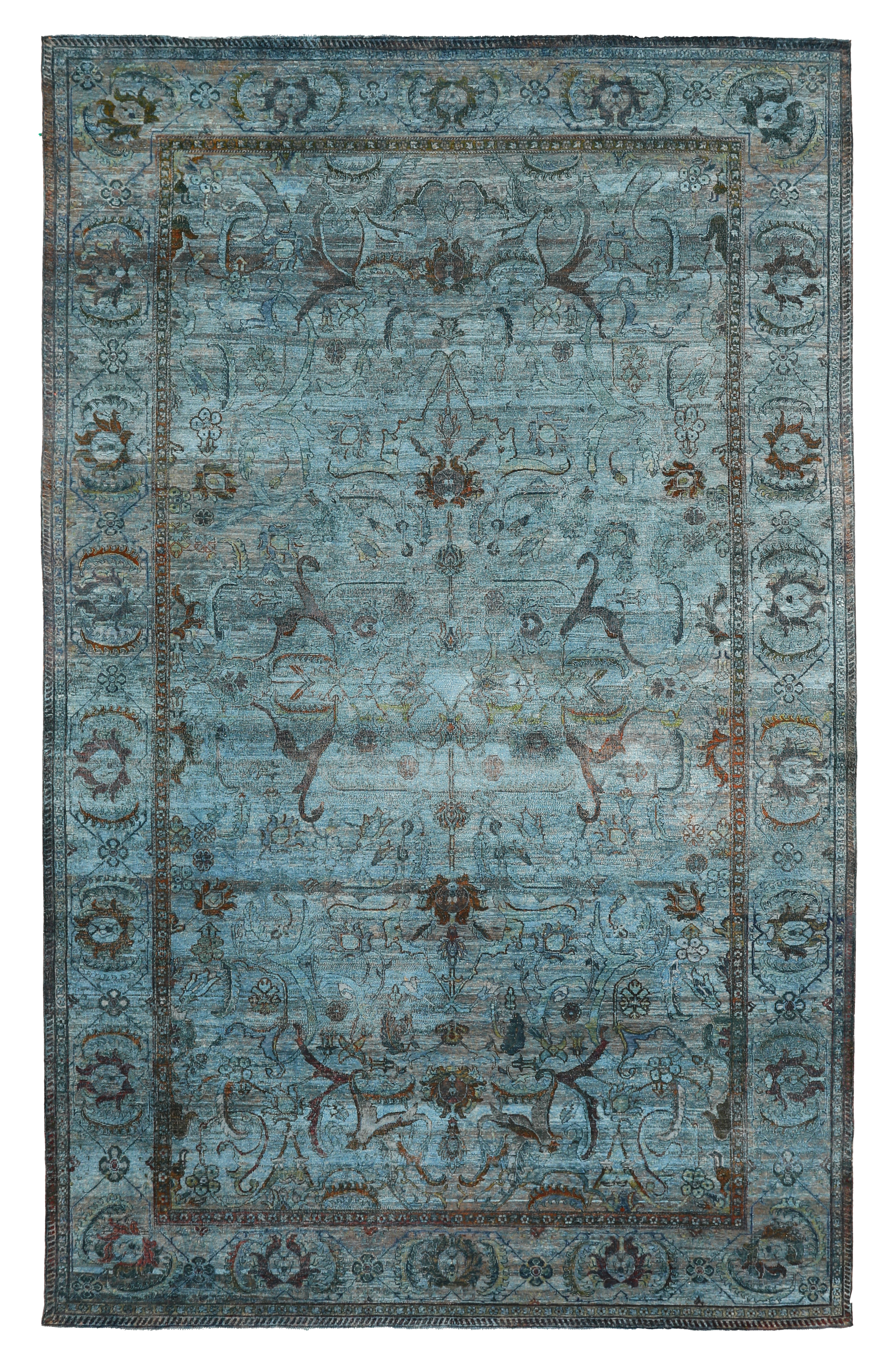 India blue with rust and soft green accents traditional oversize palace new rug with central medallion and floral allover scrolling vine motifs SKU 93871