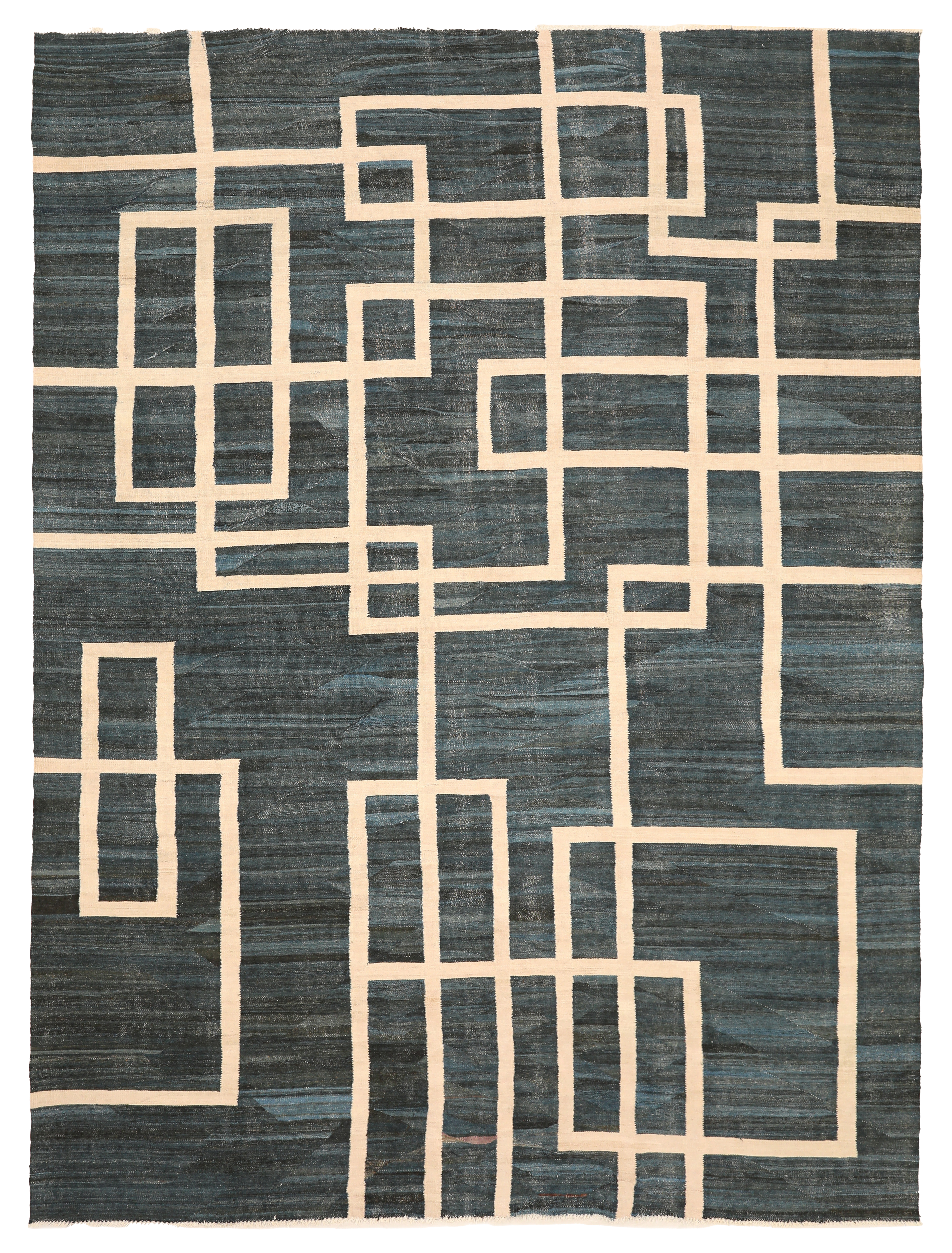 Afghanistan blue with ivory accents modern area contemporary rug with overlapping geometric linear motifs SKU 93899