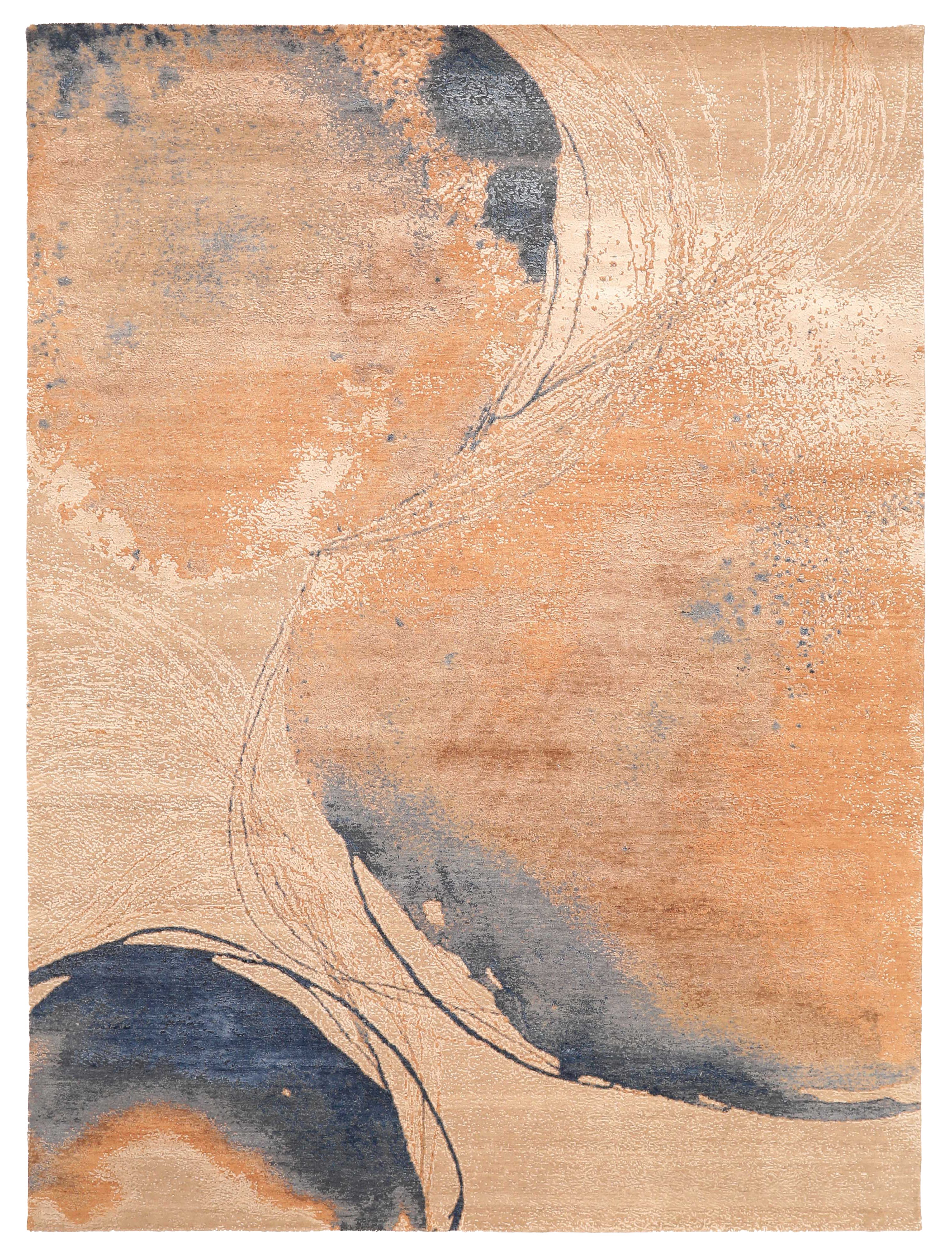 India beige with blue and tan modern area contemporary abstract painterly splashes and sweeping linear motifs SKU 94024