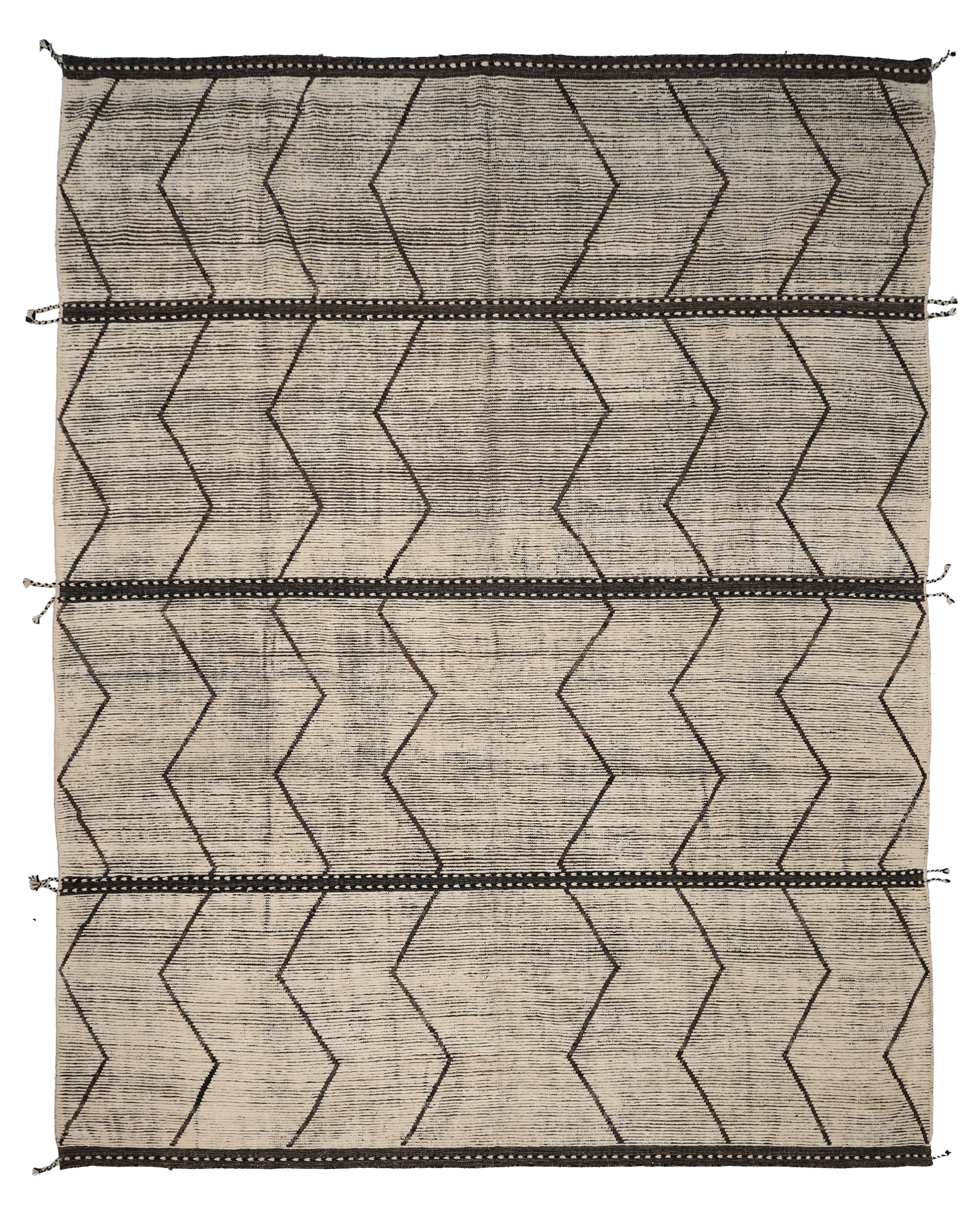 Afghanistan Moroccan beige with dark brown accents modern oversize new rug with bold zigzag and linear banded motifs SKU 94347