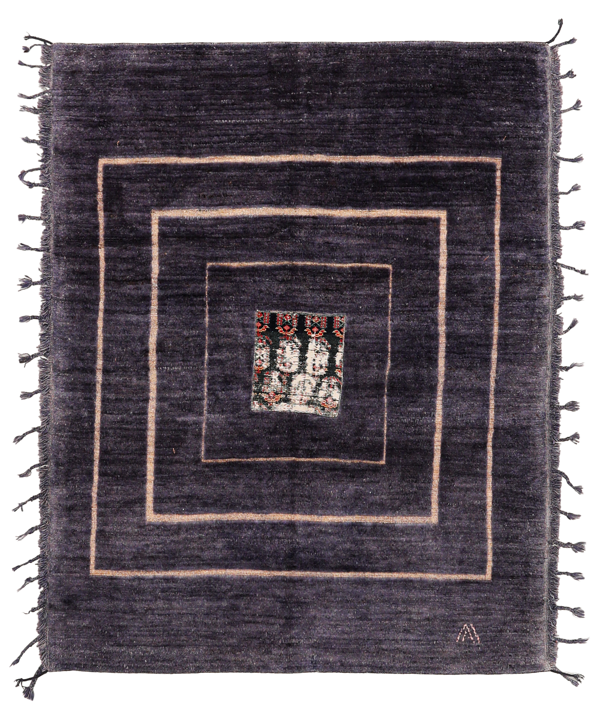 Turkey charcoal with ivory and multicolor accents, modern small area rug, contemporary, minimalist concentric square design with central geometric motif SKU 94612