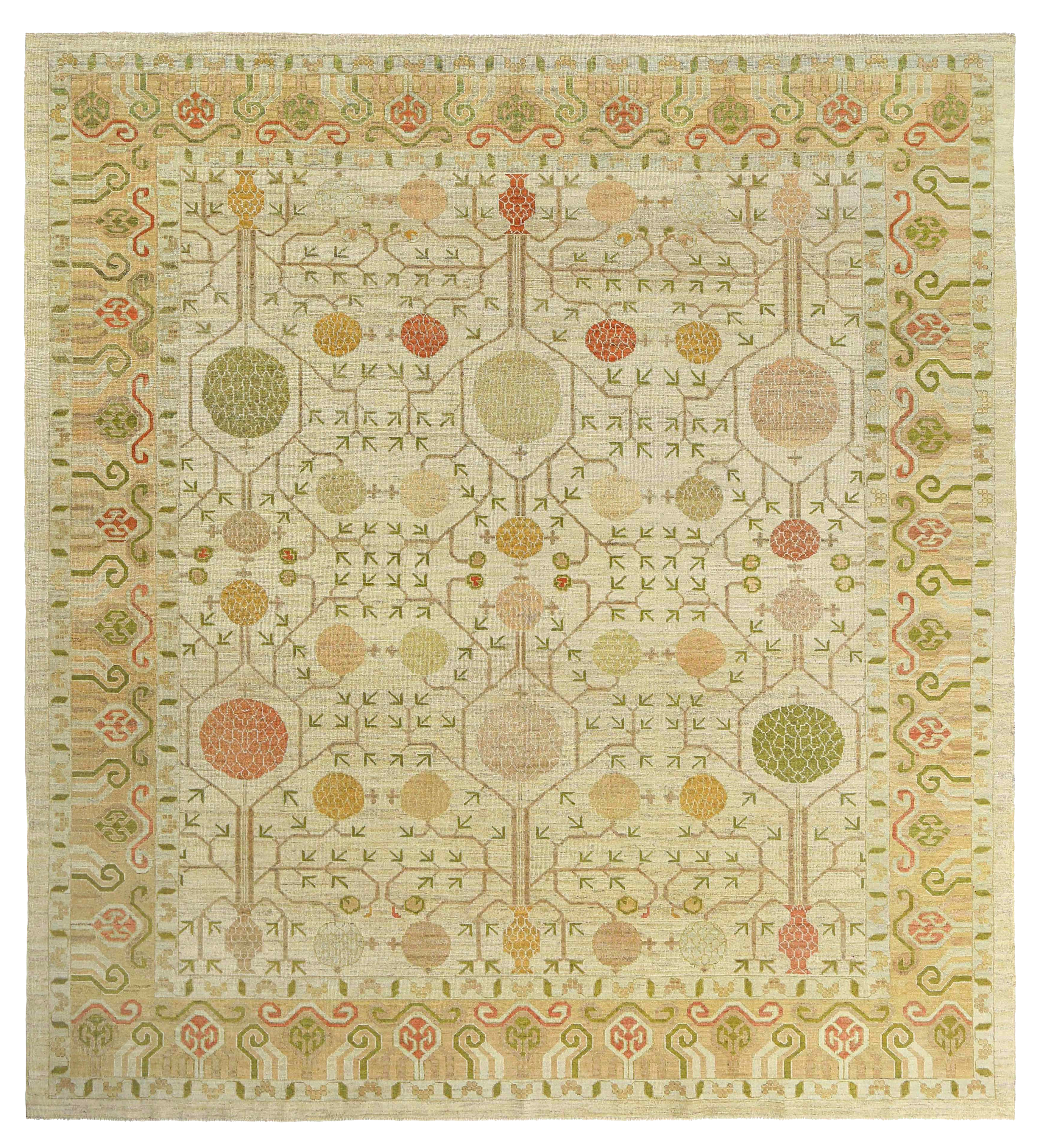 Turkey Bakhshayesh beige with green, yellow, and orange accents traditional oversize new rug with stylized pomegranate and tree motifs SKU 95540
