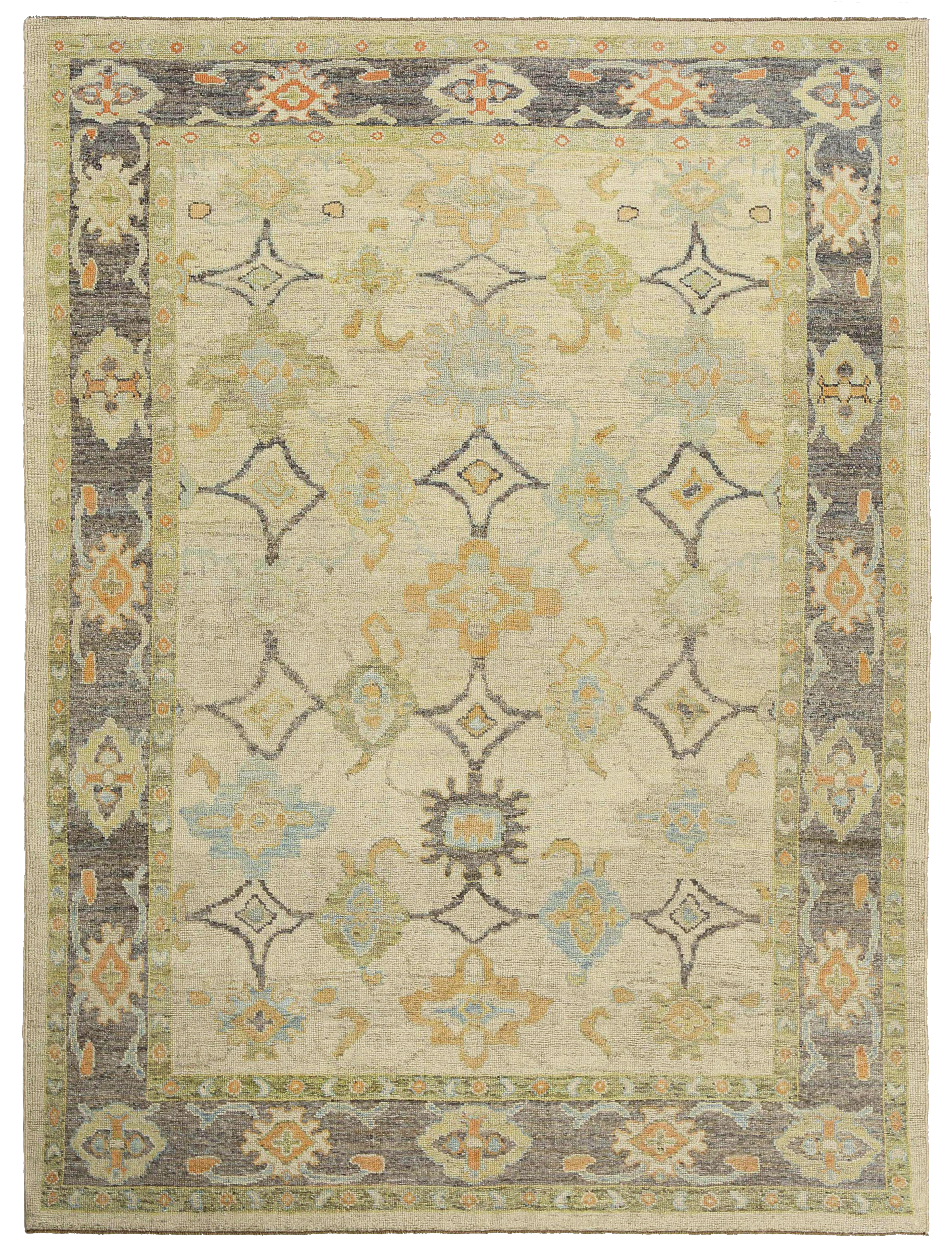 Turkey beige with soft blue, green, and gold accents traditional Oushak area new rug with scattered geometric palmettes and stylized floral motifs SKU 95564