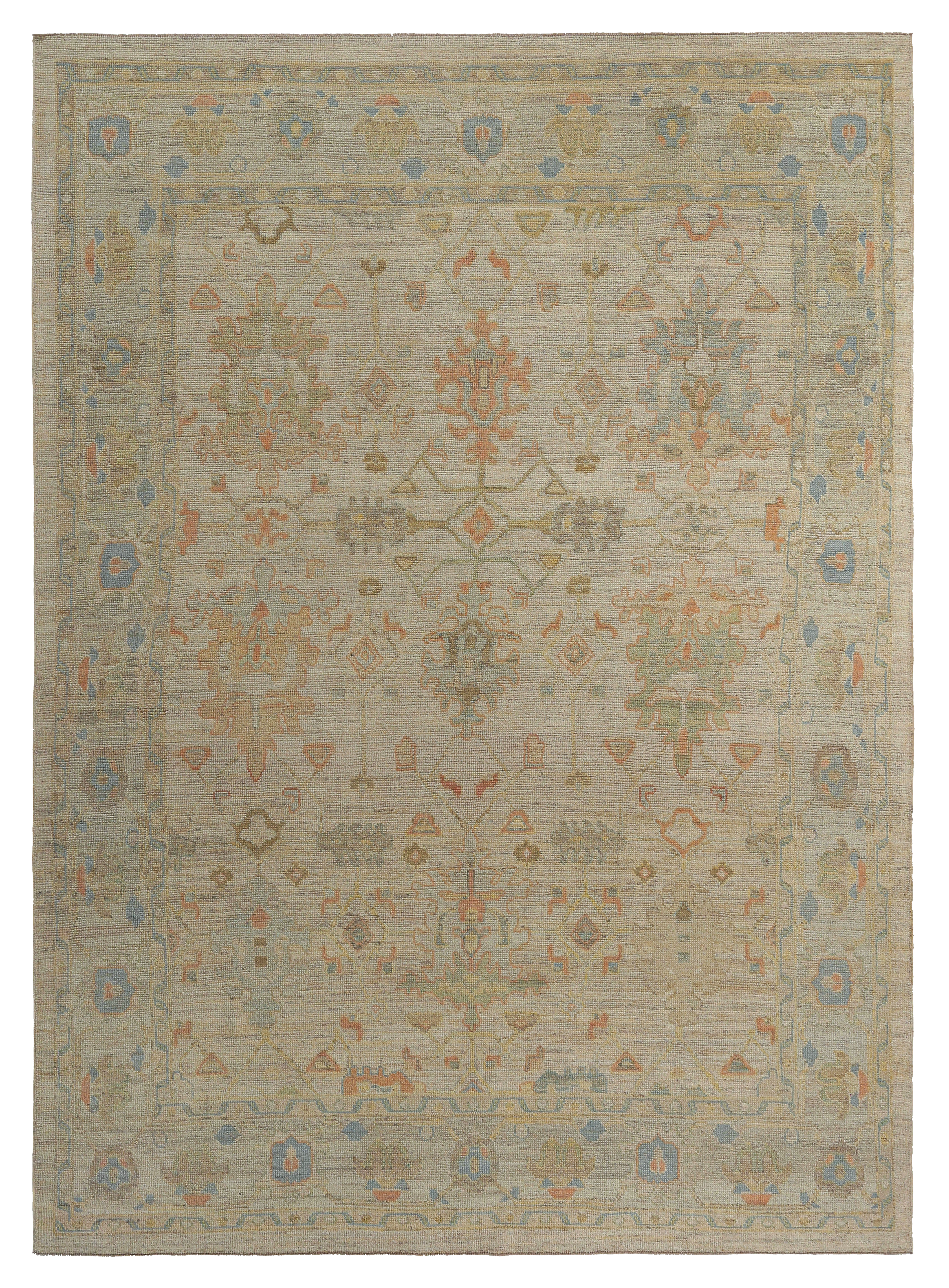 Turkey beige with soft blue and muted terracotta accents, traditional Oushak area rug, contemporary age, with geometric palmettes, stylized floral motifs and decorative border details SKU 95615