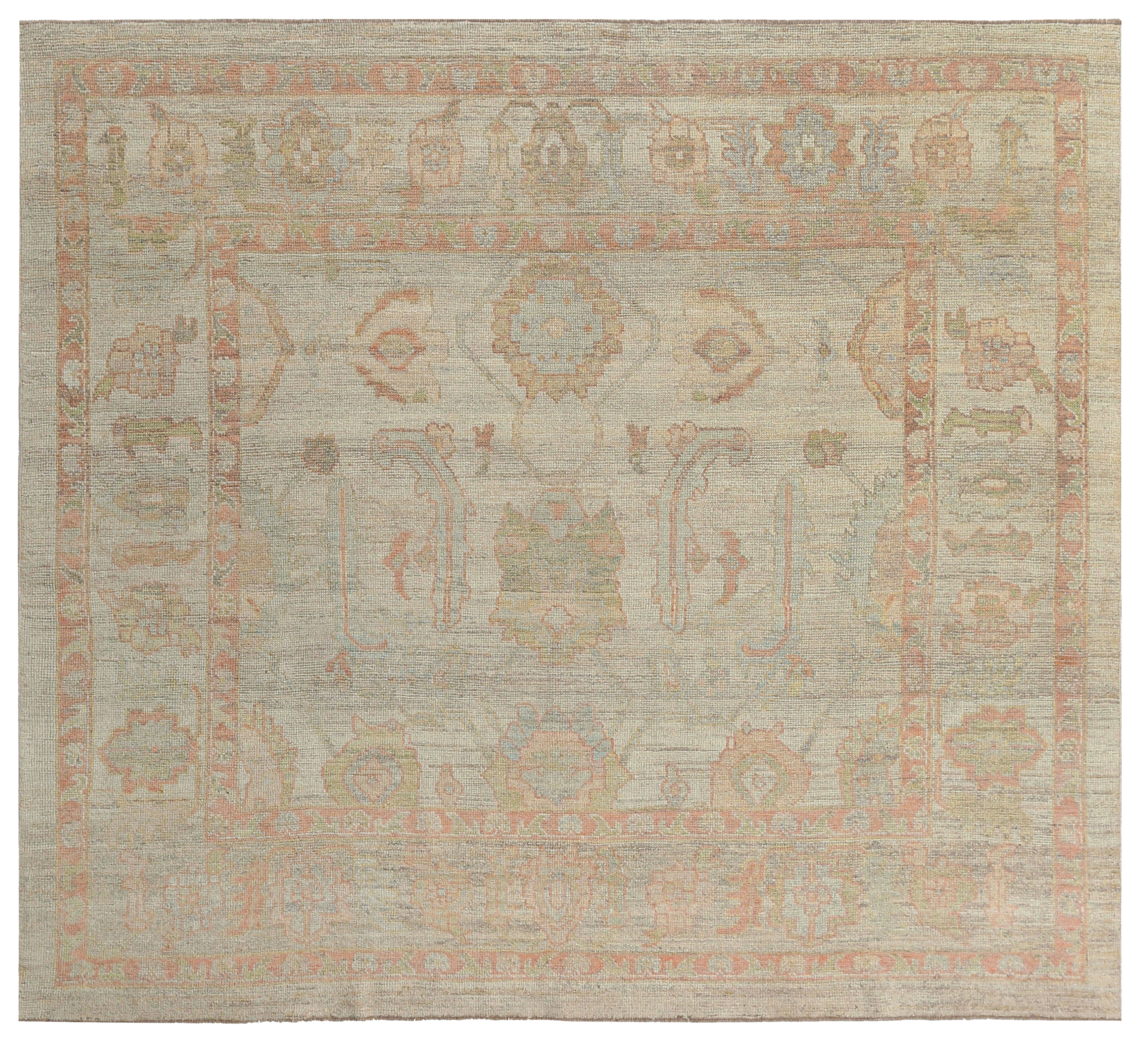 Turkey Oushak beige with soft coral and sage accents traditional area new rug with geometric palmettes and stylized floral motifs SKU 95616