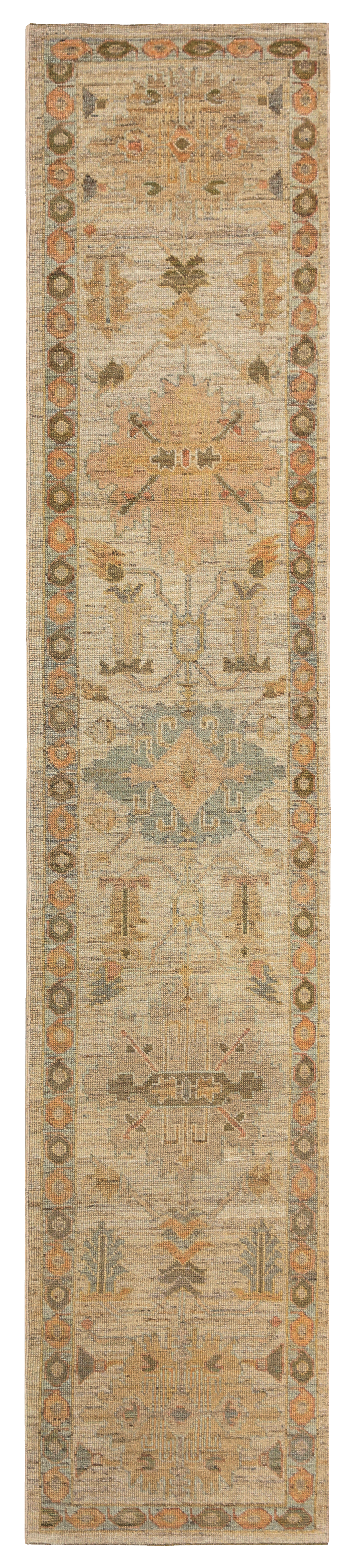 Turkey beige with muted gold, green and blue traditional gallery runner contemporary rug with stylized geometric and palmette motifs SKU 95650