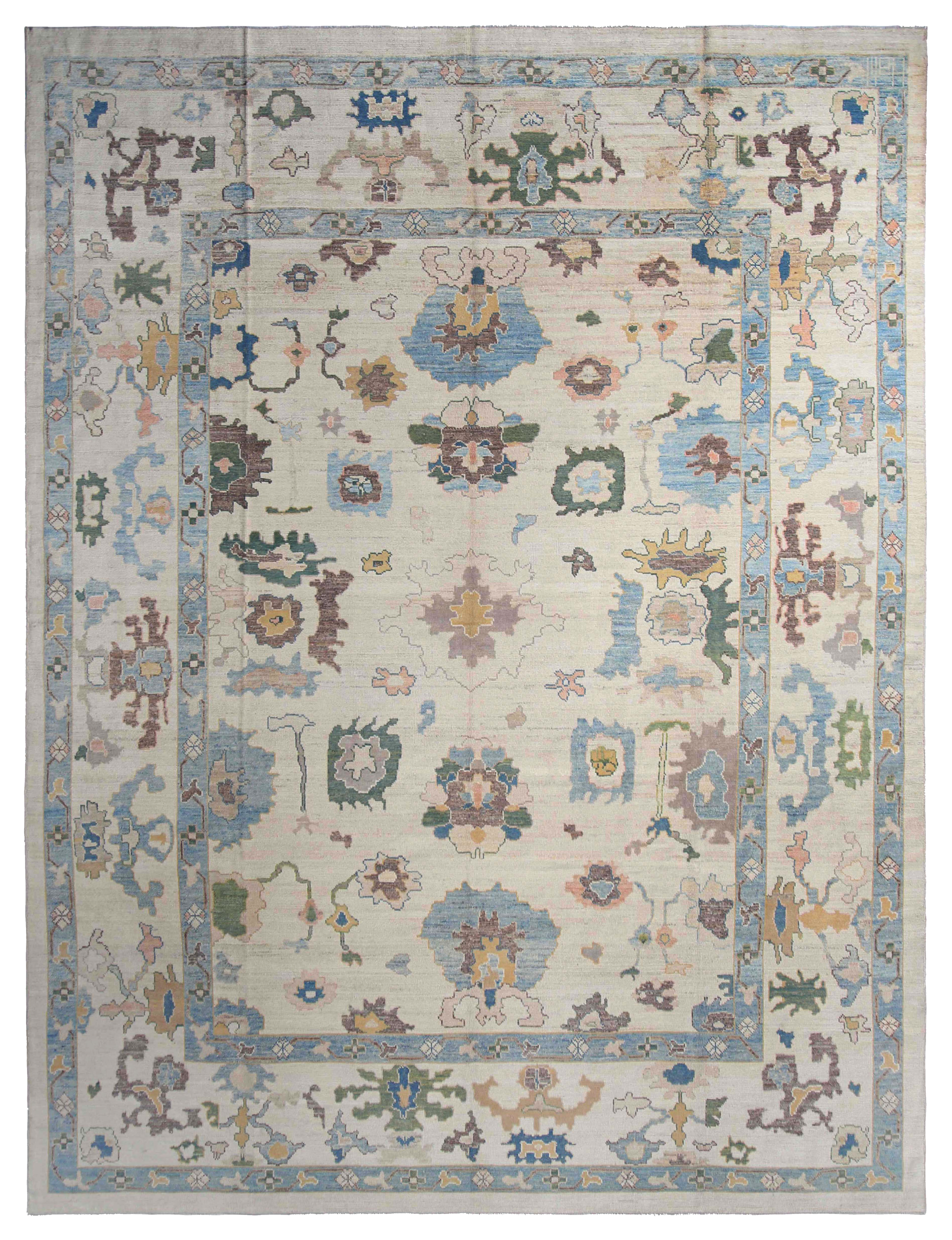 Turkey Oushak ivory with blue, green and beige accents tribal oversize palace new rug with scattered geometric and stylized floral motifs SKU 95675