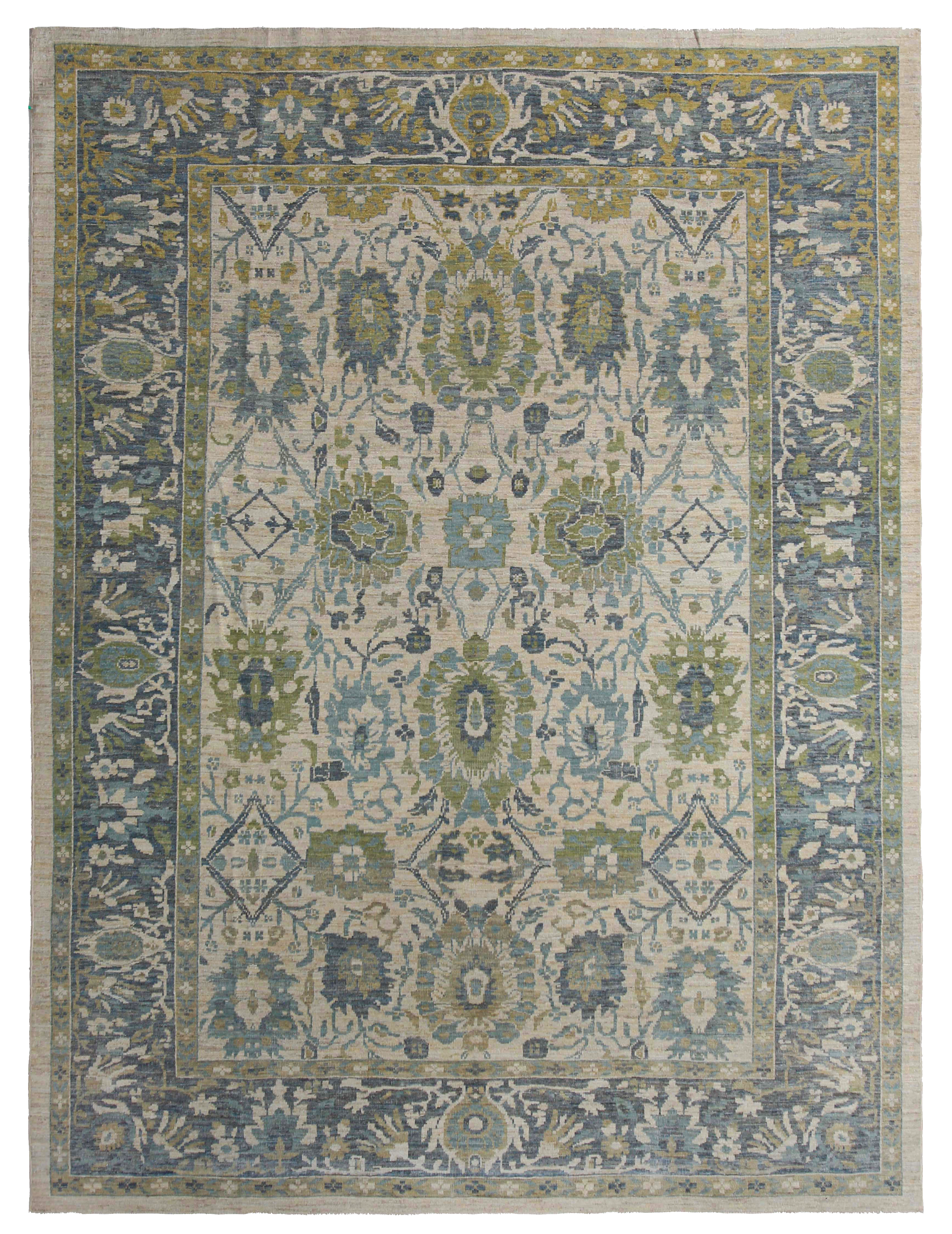 Turkey blue, green, and beige traditional Sultanabad area contemporary rug with floral allover palmettes and scrolling vines SKU 95682