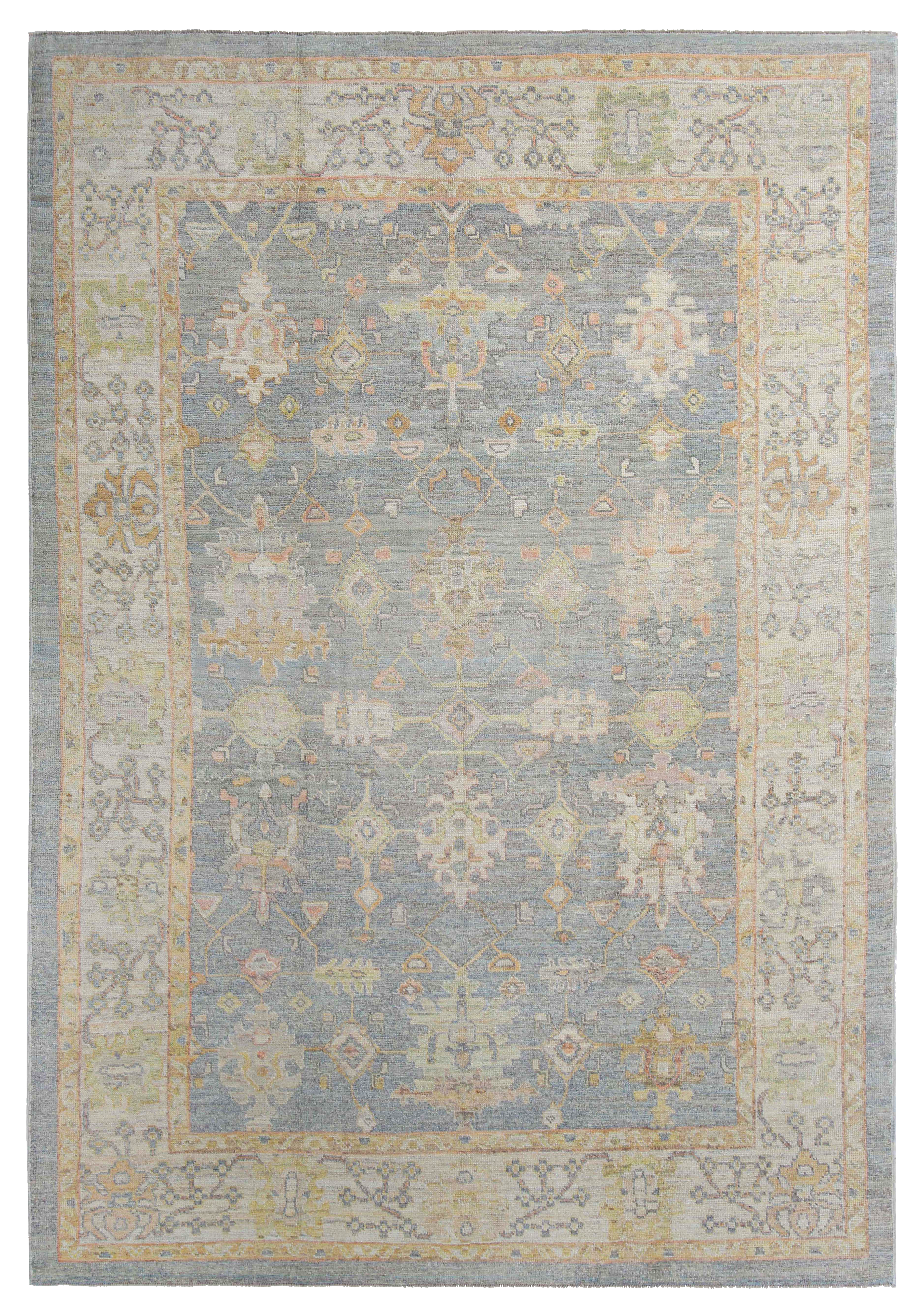 Turkey (Oushak) blue with ivory and soft pastel accents traditional oversize/palace contemporary area rug with geometric and stylized floral allover motifs SKU 95705