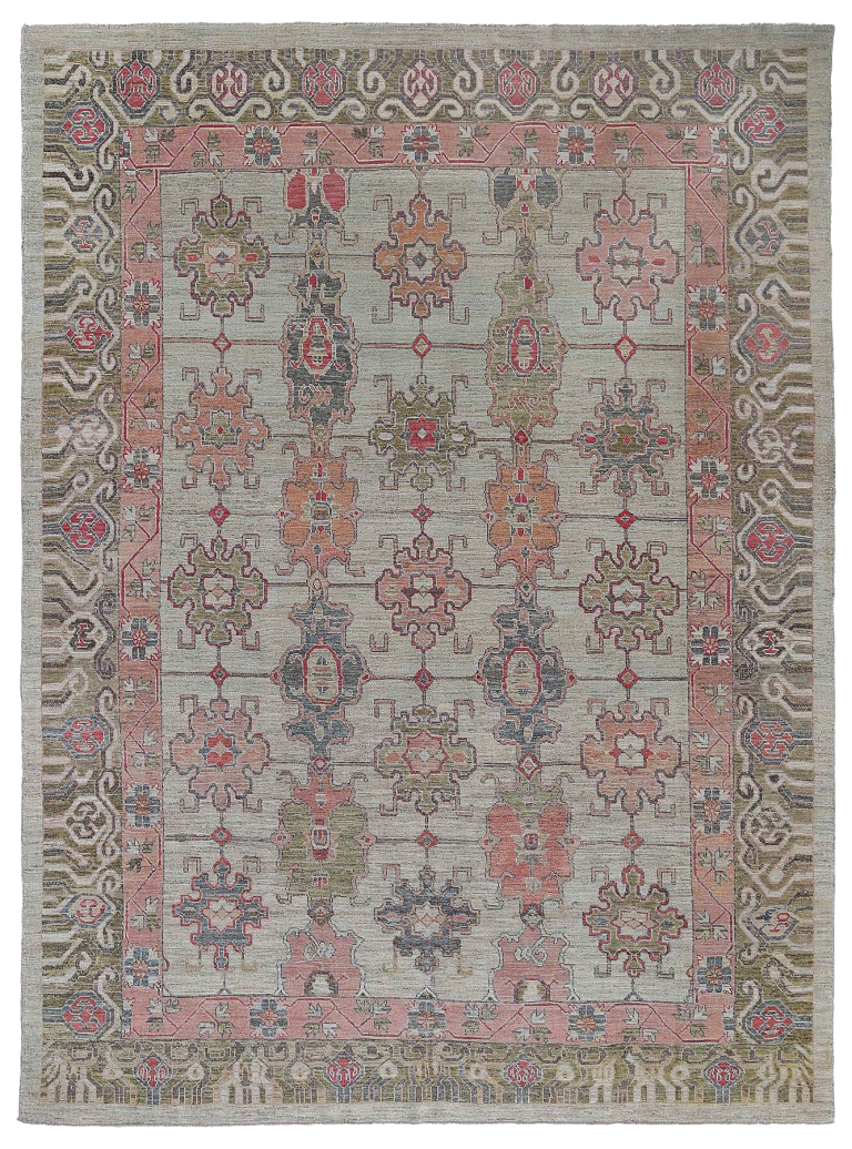 Turkey Sultanabad Soft Sage Green & Coral Rose Oversize Palace Rug — SKU 97002
